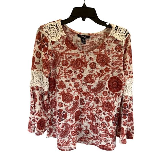 Style & Co Red Floral Long Sleeve Top Womens Size Petite S Casual Stretch Blouse - Picture 5 of 12